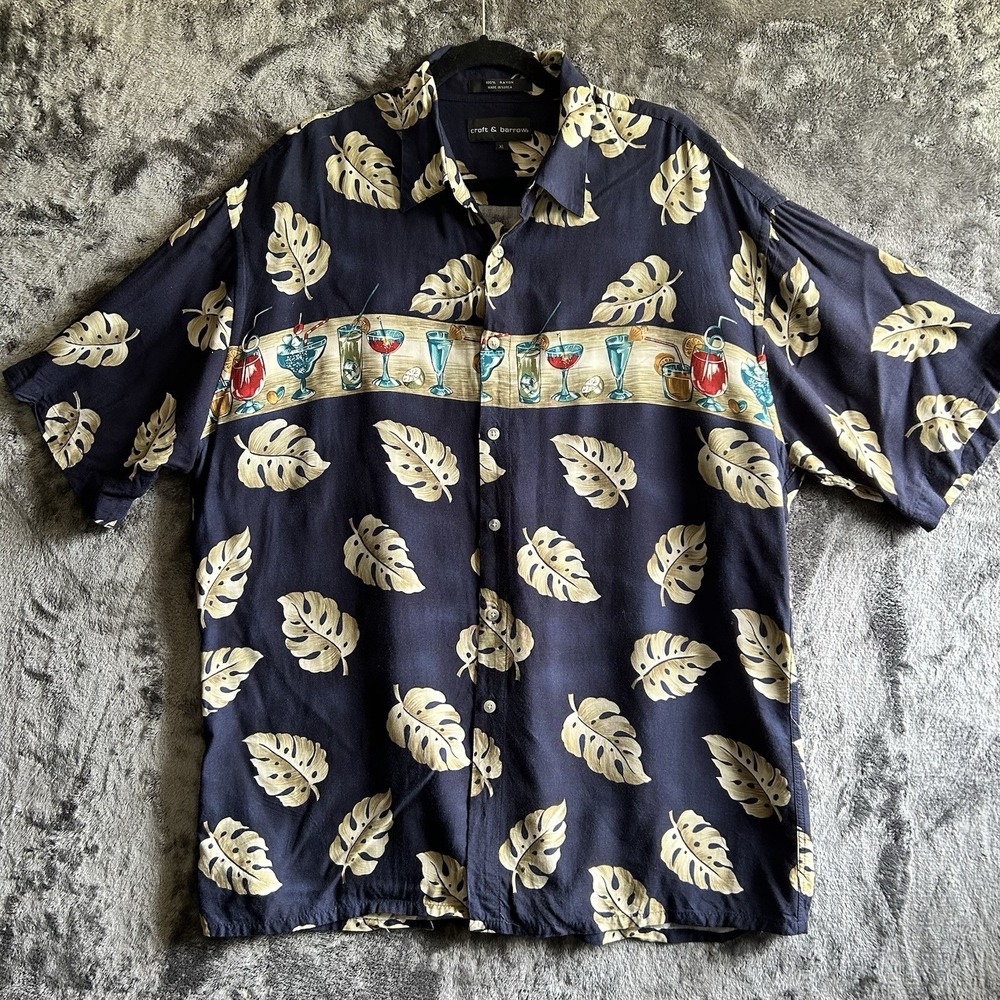 Croft & Barrow Hawaiian Shirt Mens XL Tropical Drinks Rayon‎ Navy Retro Tiki